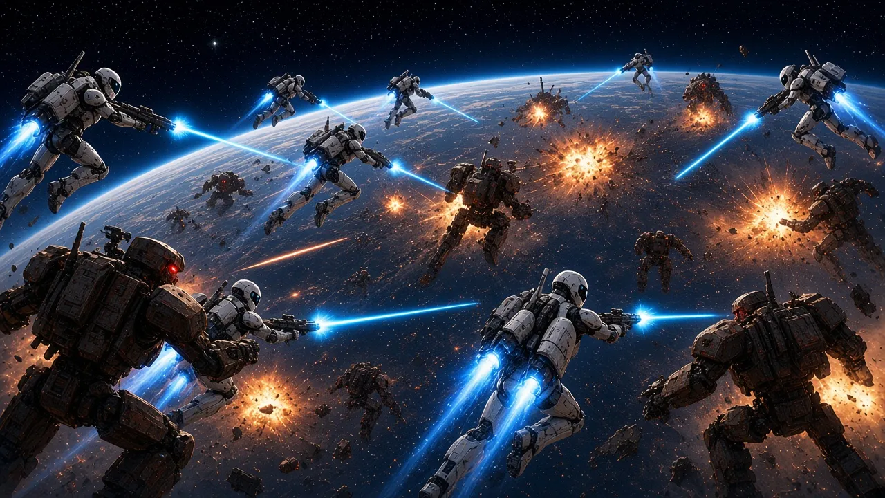 Robot army battle in orbit